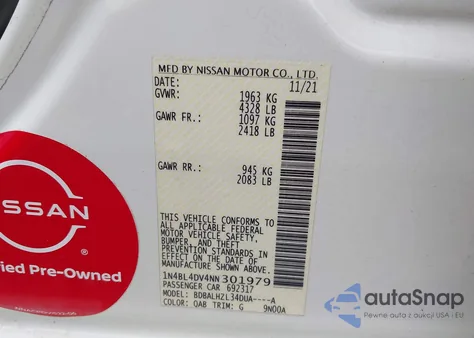 2022 Nissan Altima Sv Fwd z USA, uszkodzony, nr VIN 1N4BL4DV4NN301979